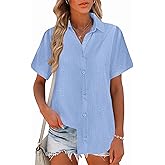 Zeagoo Women Linen Button Down Shirts Short Sleeve Blouse Business Casual Tops Dressy Summer Outfits