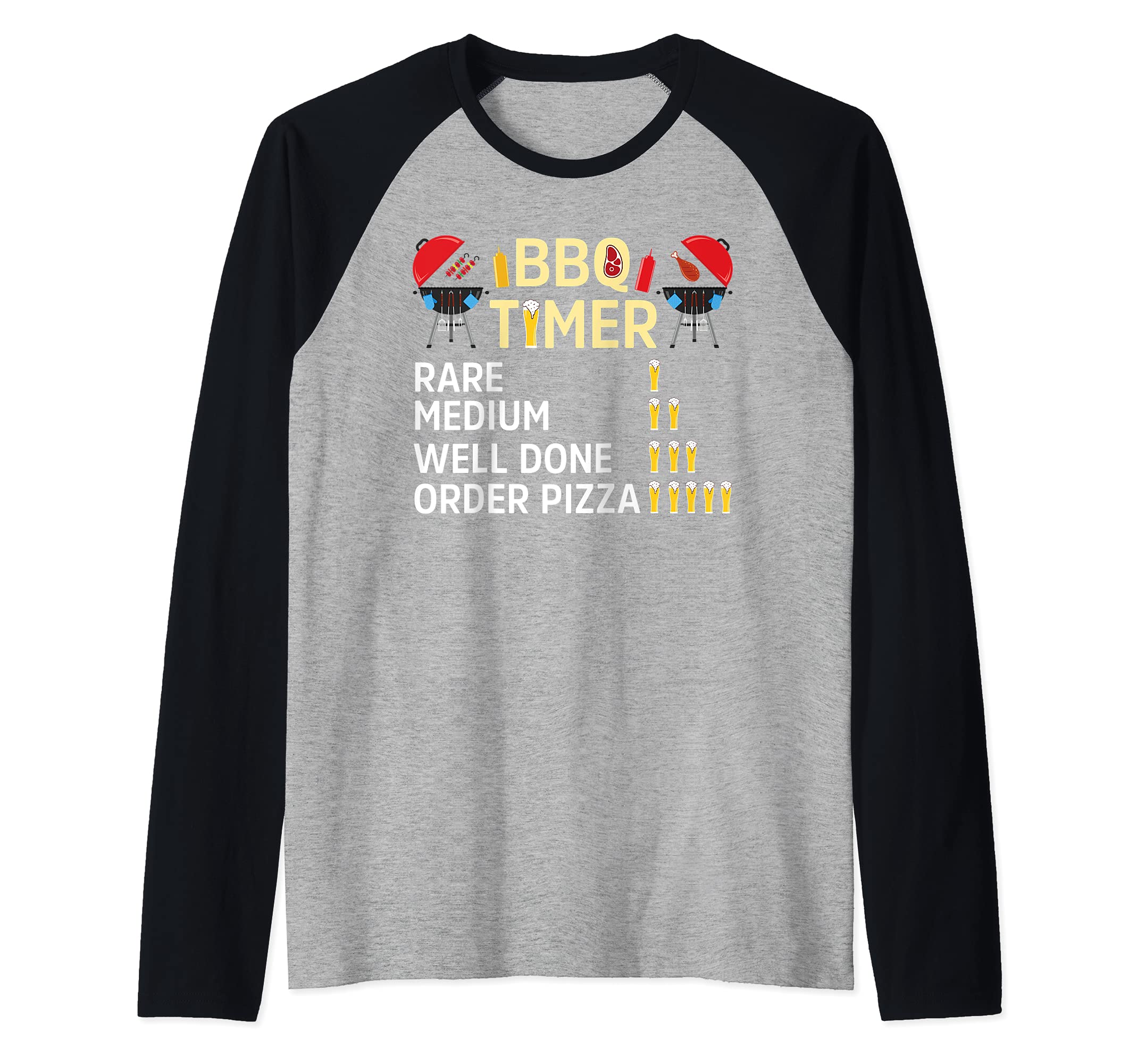 Funny BBQ Timer Barbecue Grill master Grilling Drinking beer Raglan Baseball Tee