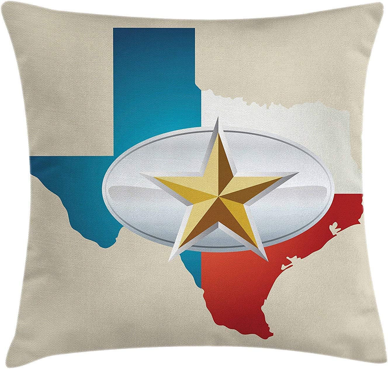 FAFANI Texas Star Throw Pillow Cushion Cover, Cowboy Belt Buckle Star Design with Texas Map Southwestern Parts of America, Decorative Square Accent Pillow Case, 18 X 18 Inches, Multicolor