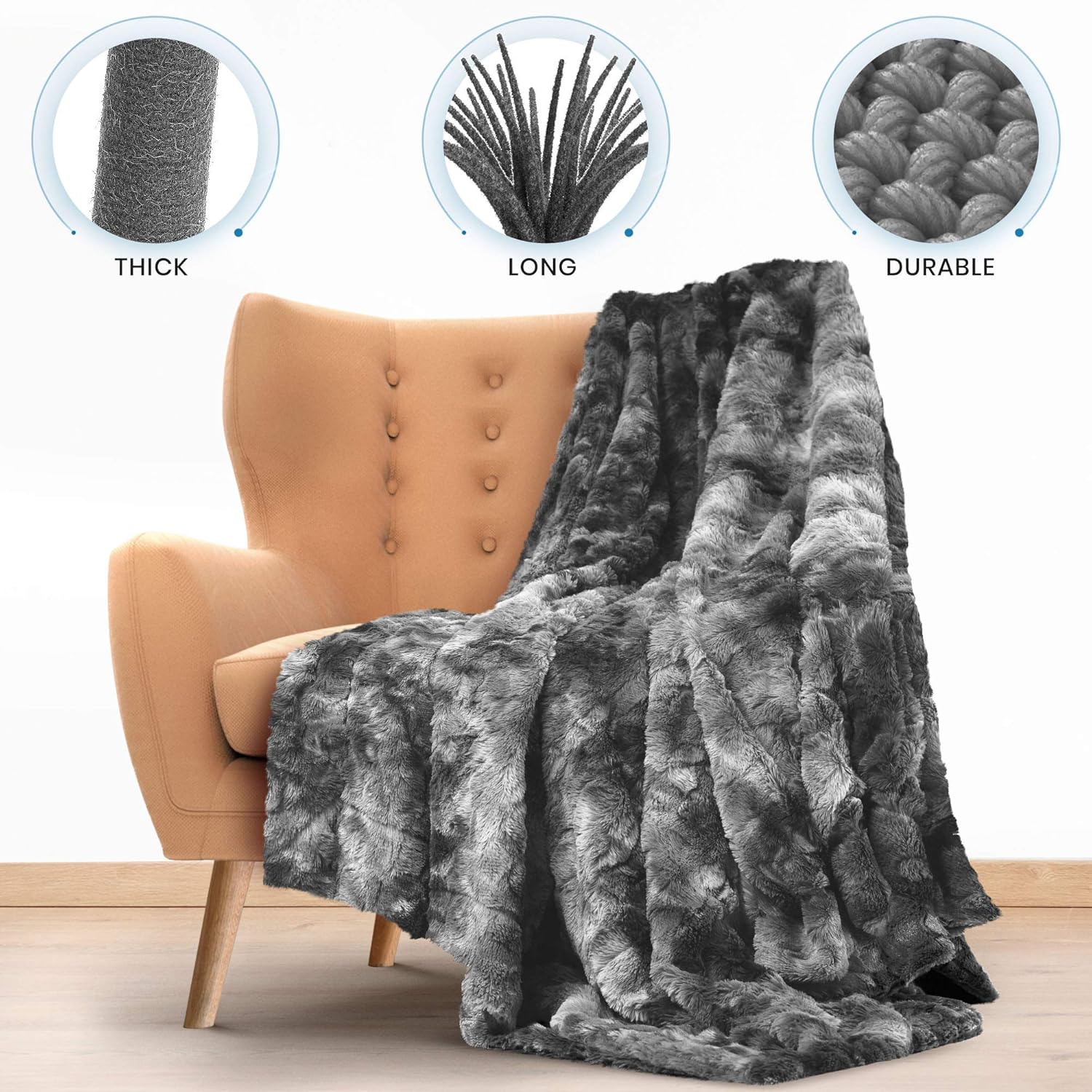 Everlasting Comfort Luxury Faux Fur Throw Blanket - Ultra Soft and Fluffy - Plush Throw Blankets for Couch Bed and Living Room - Fall Winter and Spring - 50x65 (Full Size) Gray: Home & Kitchen