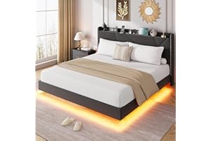 Garvee Full Size Floating Bed Frame with Tufted Nailtrim Design, Upholstered Platform Bed with LED Lights and Charging Statio
