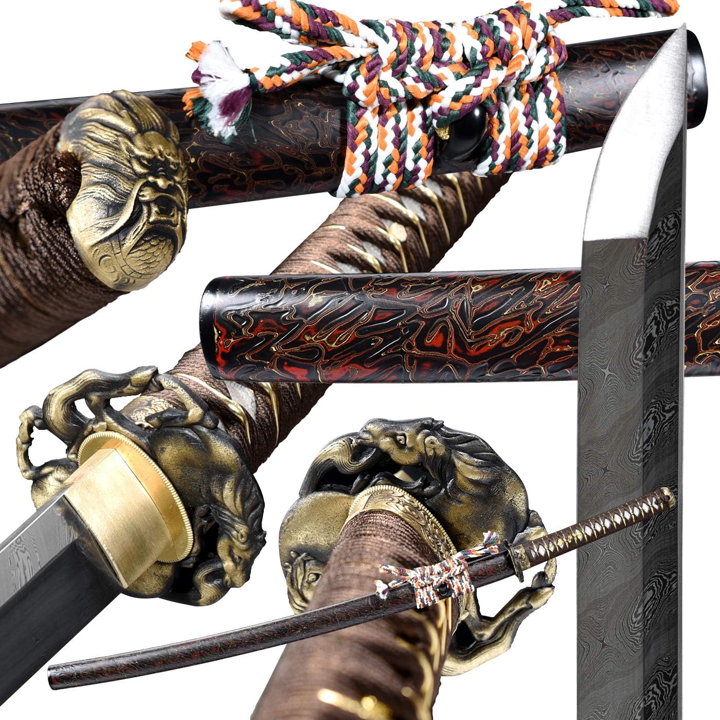 eroton-Damascus Clay temperd/Heat Tempered Fold Steel Full Handmade Hand Forged Japanese Real Authentic Samurai Katana Sword,Full Tang,Functional,Practical, Razor Sharp,Battle Ready(2.7ib)…