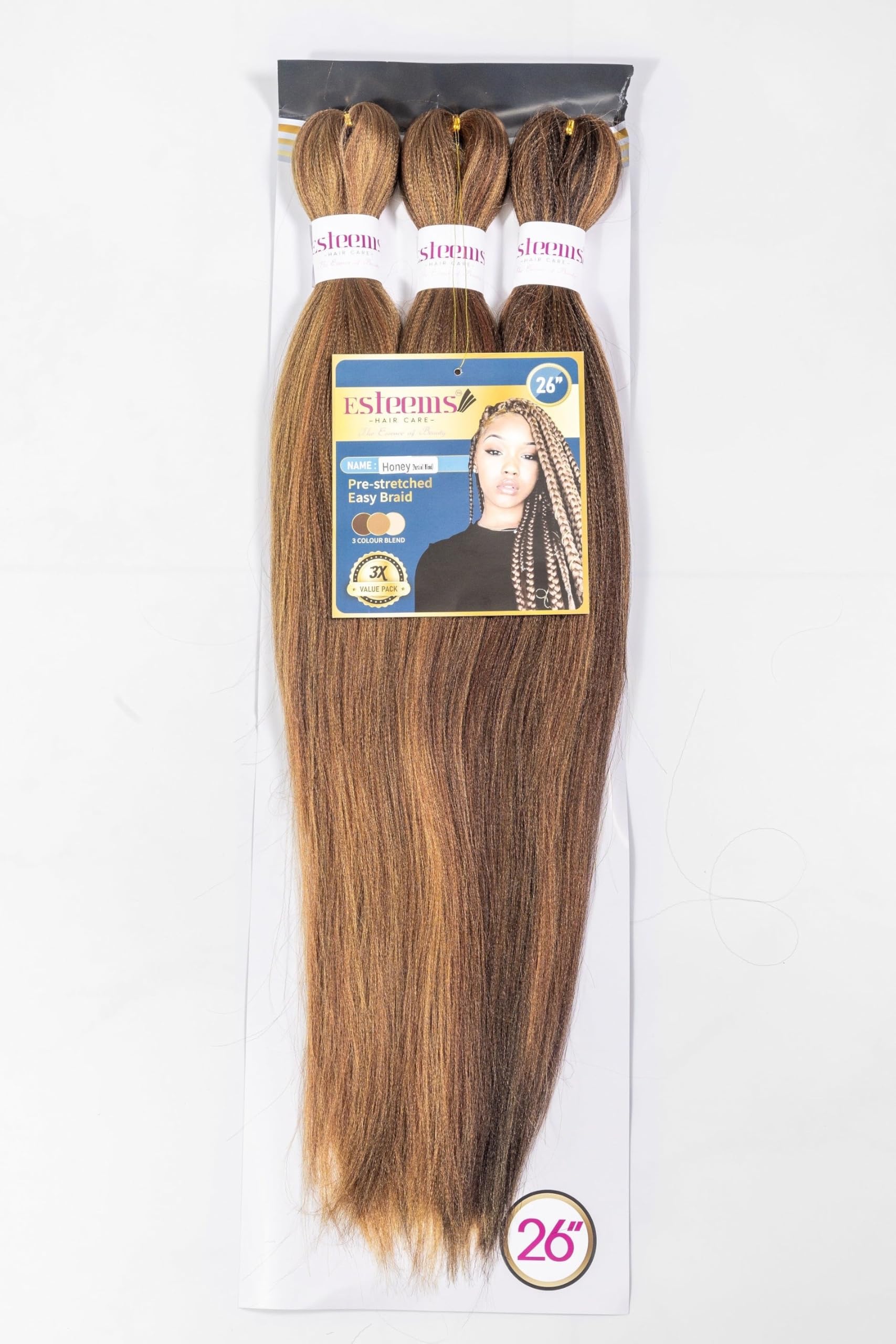 Esteems Hair Care- Pre-Stretched Braiding Hair-3 Colour Blend (P4/27/30) 26", Synthetic Fiber Hair Extension, Soft Yaki Texture(Honey-Partial Blend)