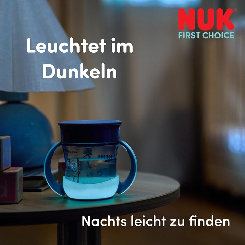 Mini Magic Cup Night Trinklernbecher, ab 6 Monaten, Grün & Grau, 160 ml, 360° Auslaufschutz-Rand, Trinkbecher mit rutschfesten Griffen, leuchtet im Dunkeln, 2 Stück