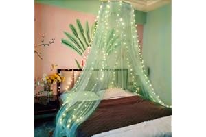 Eimilaly Lace Bed Canopy Mosquito Netting with Warm Lights, Princess Bed Canopy for Girls Room Decor, Green/Single Door