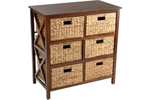 eHemco 3 Tier X-Side End Storage Cabinet with 6 Wicker Baskets, Walnut