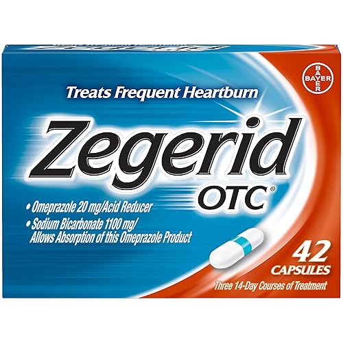 Zegerid OTC Heartburn Relief, 24 Hour Stomach Acid Reducer Proton Pump Inhibitor With Omeprazole and Sodium Bicarbonate, Capsules, 42 Count