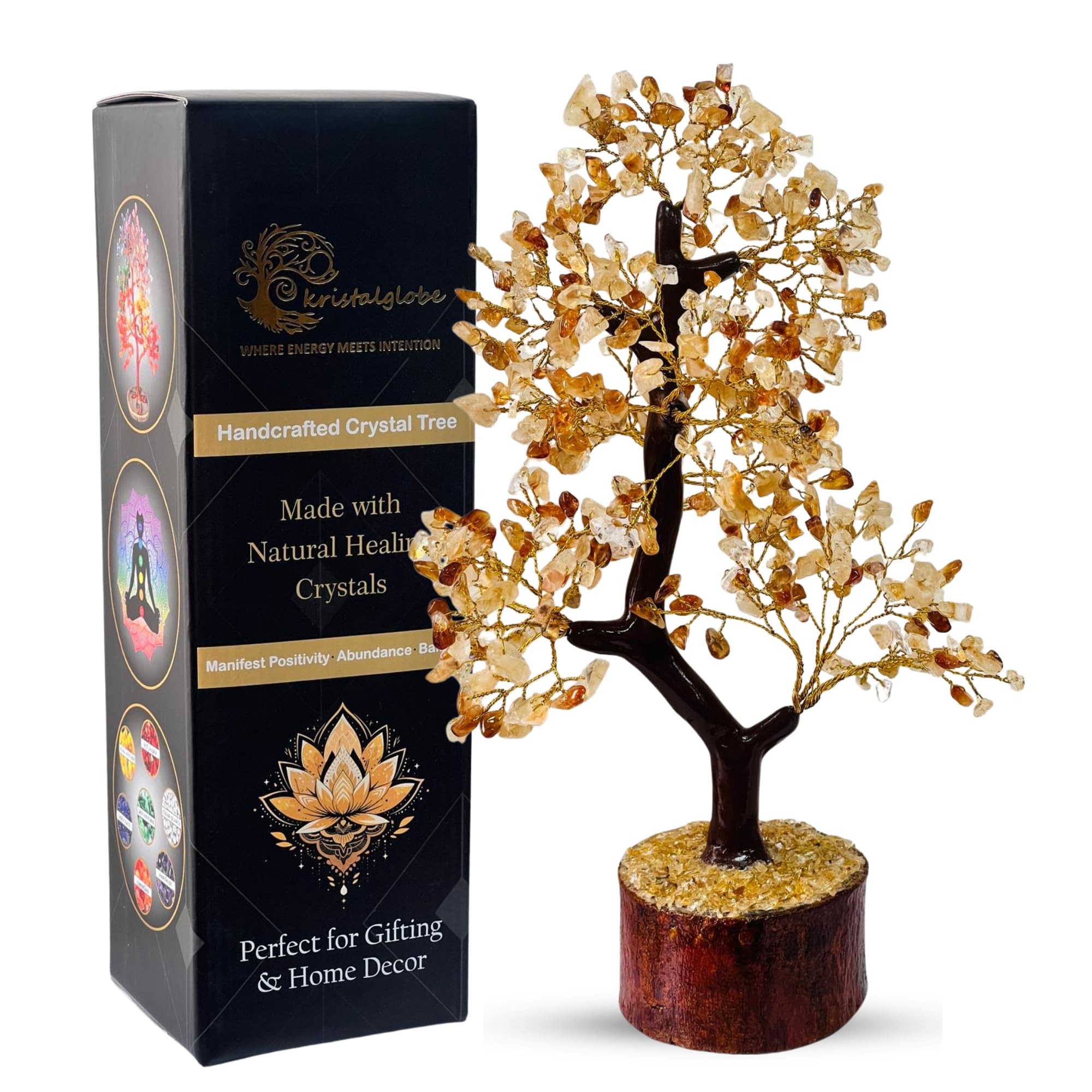 Citrine Healing Crystal Tree of Life – Handmade Gemstone Bonsai 300 Natural Stones on Golden Wire & Wooden Base – Reiki, Meditation & Feng Shui Wealth Décor – Spiritual Gift for Women, Mum & Home