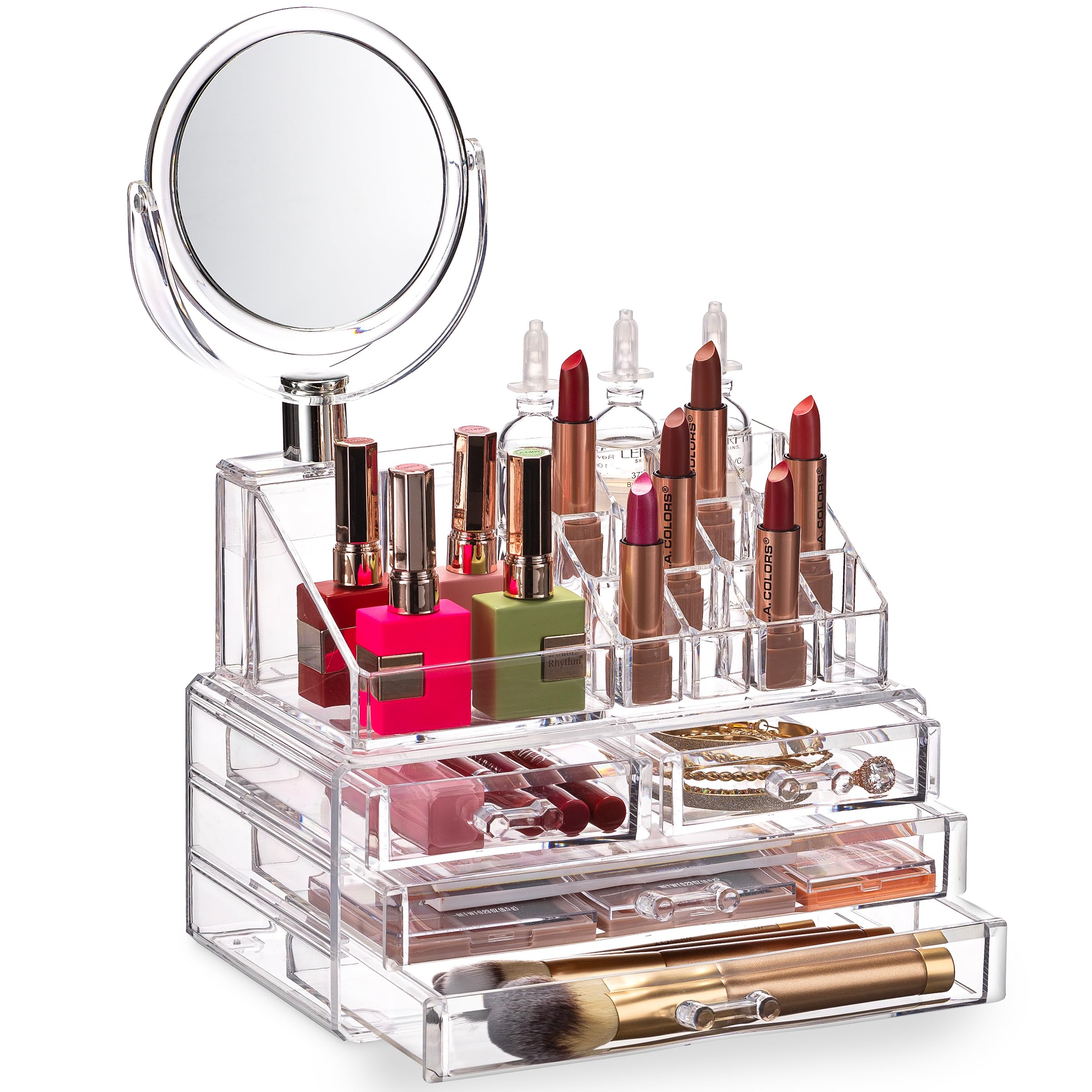 Photo 1 of Masirs Clear Makeup Organizer with Mirror – 16-Compartment Cosmetic and Jewelry Holder, 4-Drawer Vanity Storage, Elegant Clear Design for Makeup and Accessories