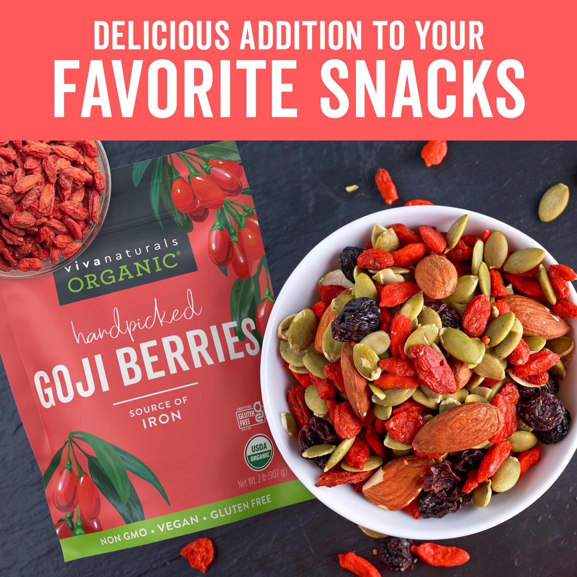 Viva Naturals Organic Dried Goji Berries, 32 oz (2 lb) Non-GMO and Vegan Wolfberries, Perfect for Baking, Smoothies, Teas and Snacks, Goji Berries Organic