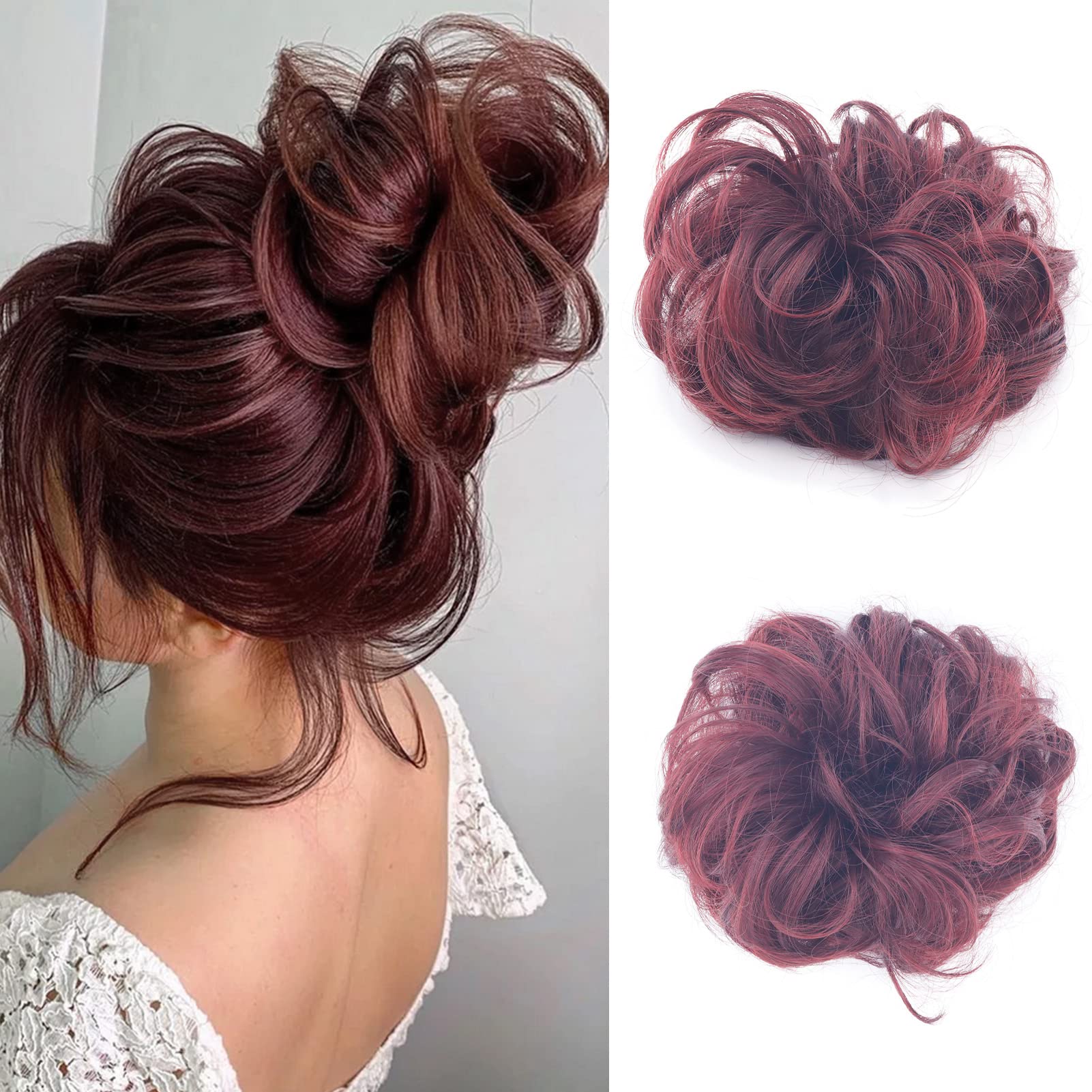 Cybelleza Messy Bun Hair Piece Curly Hair Scrunchies Thick Messy Hair Bun Updo Hairpiece Synthetic Ribbon Ponytail Extensions Donut Chignons Wavy Wig for Women Girls, 35g Wine Red