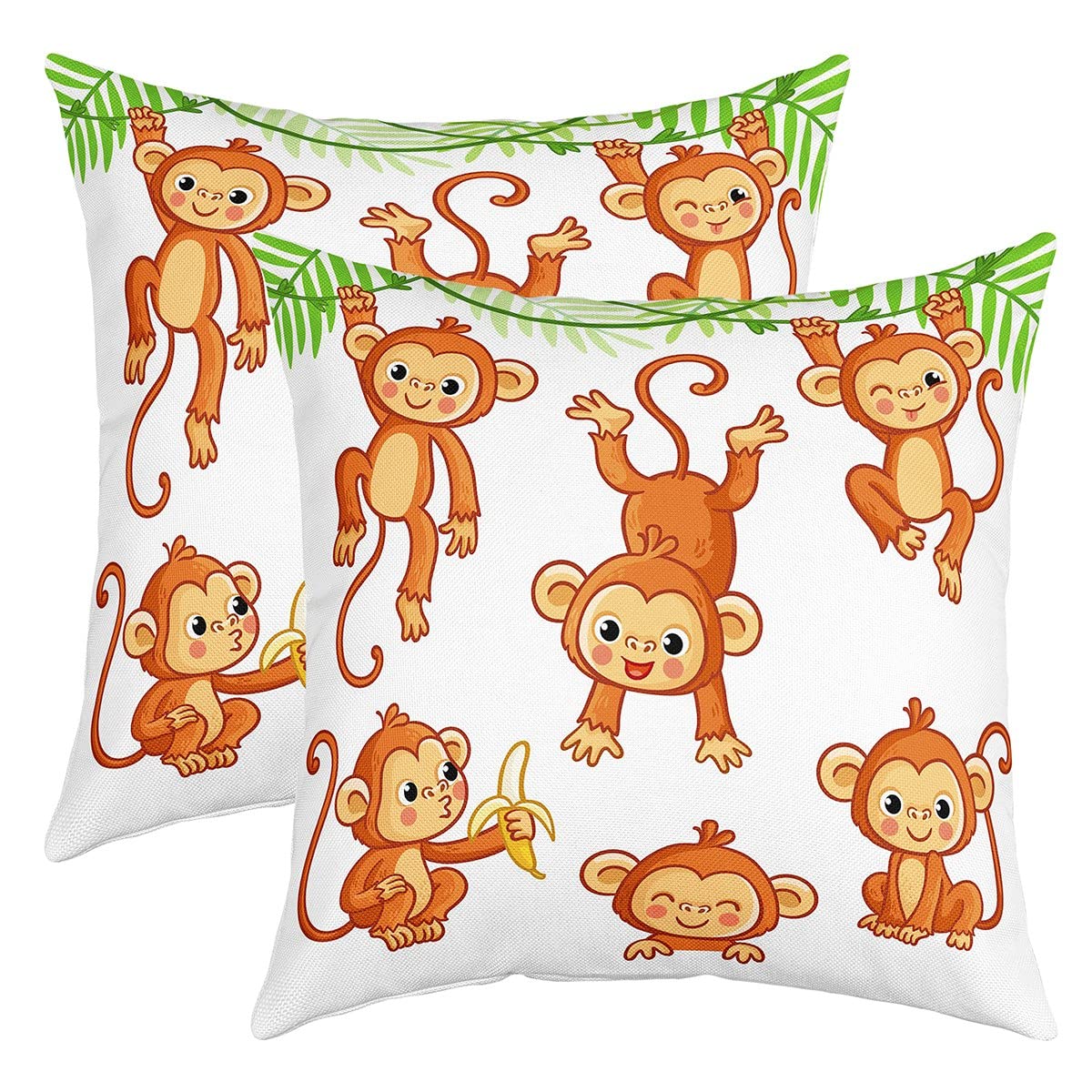 Cute Sloth Throw Pillow Covers 20"x20" Set of 2 Soft Kawaii Animal Cushion Covers for for Sofa Cartoon Sloth Botanical Leaf Branches Green Brown Decorative Pillowcases Outdoor Pillows Covers