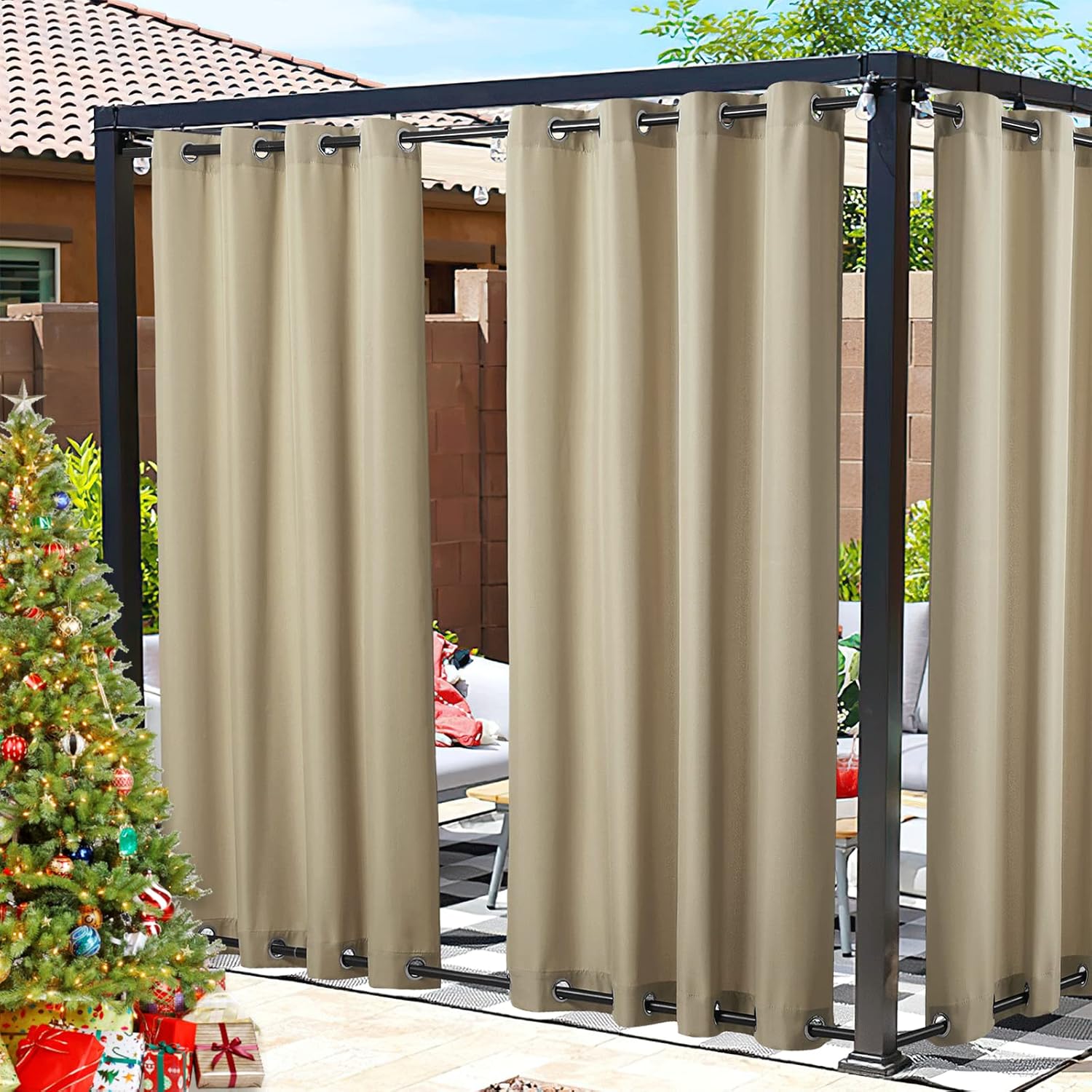 Outdoor Curtains - NICETOWN 2 Panels Weighted Outdoor Curtains for Patio Waterproof, Rustproof Top and Bottom Grommets Thermal Insulated Indoor Outdoor Vertical Drapes for Front Porch & Canvas W55 x L84, Taupe