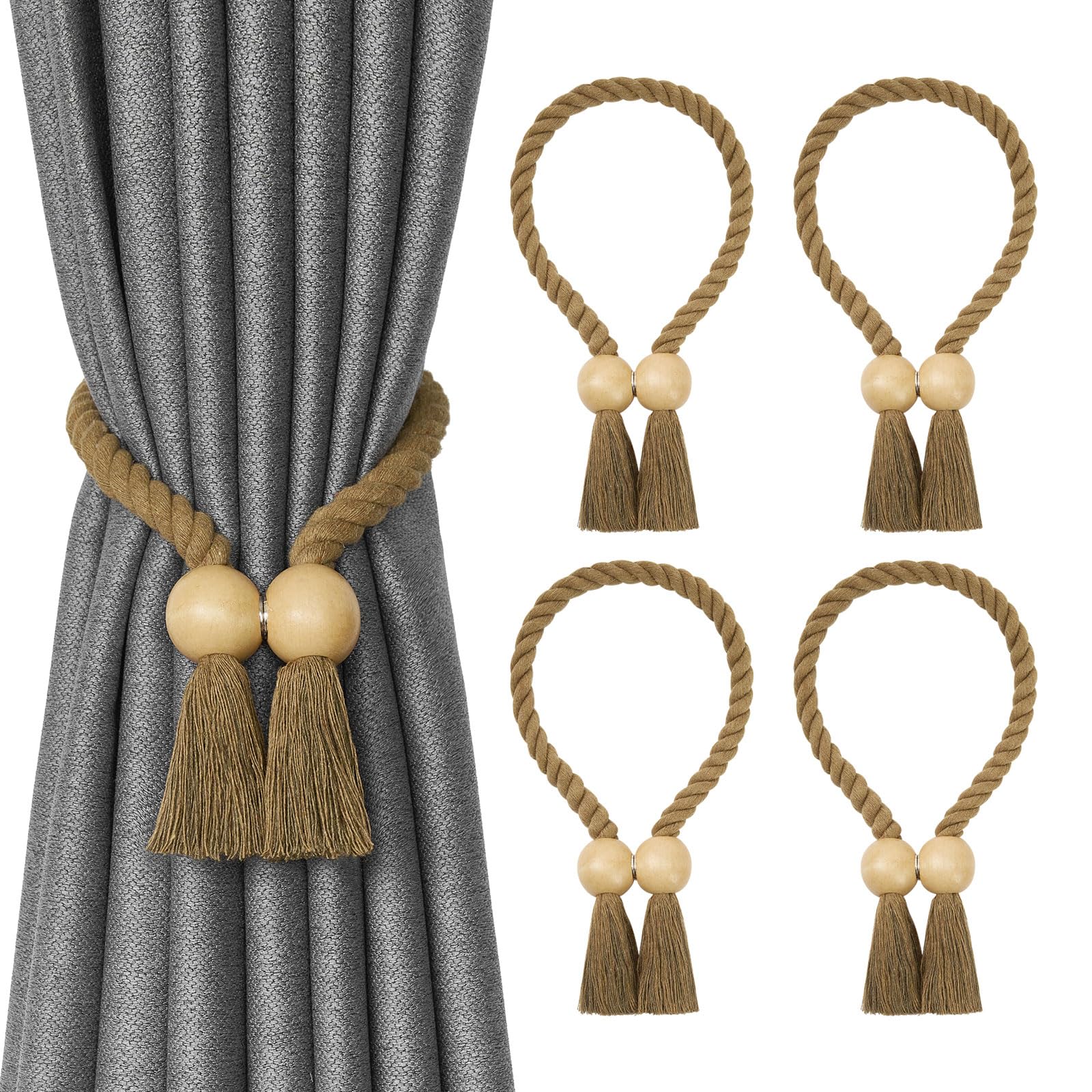 Pretty Jolly 4 Pack Wooden Ball Magnetic Curtain Tiebacks Boho Home Decor Drape Tie Backs Natural Cotton Hand Woven Rope Curtain Holdbacks for Thin & Thick Home & Office Window Draperies (A-Khaki)