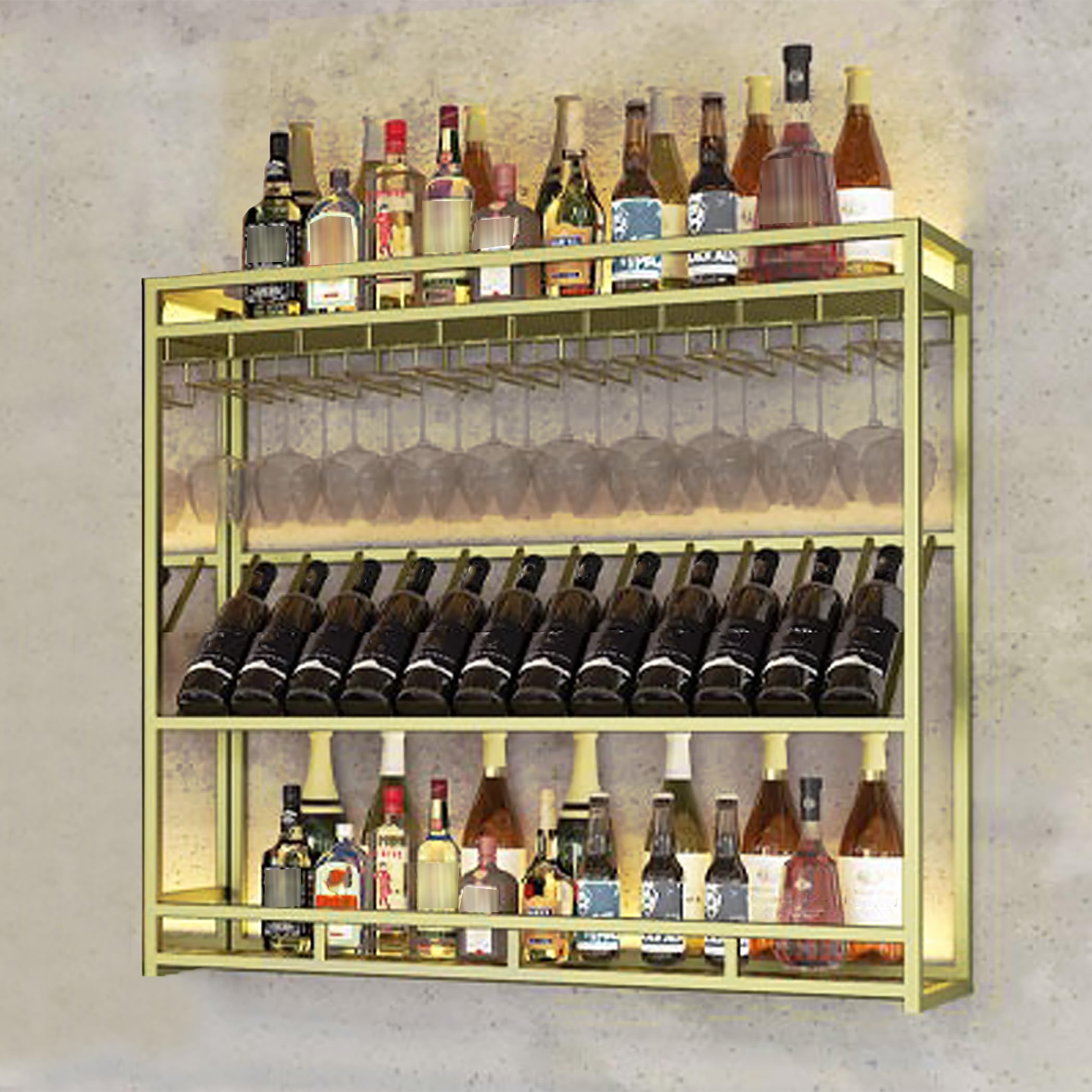 Wall Mounted Wine Rack with LED Lighting Glass Holder, Liquor Bottles ...