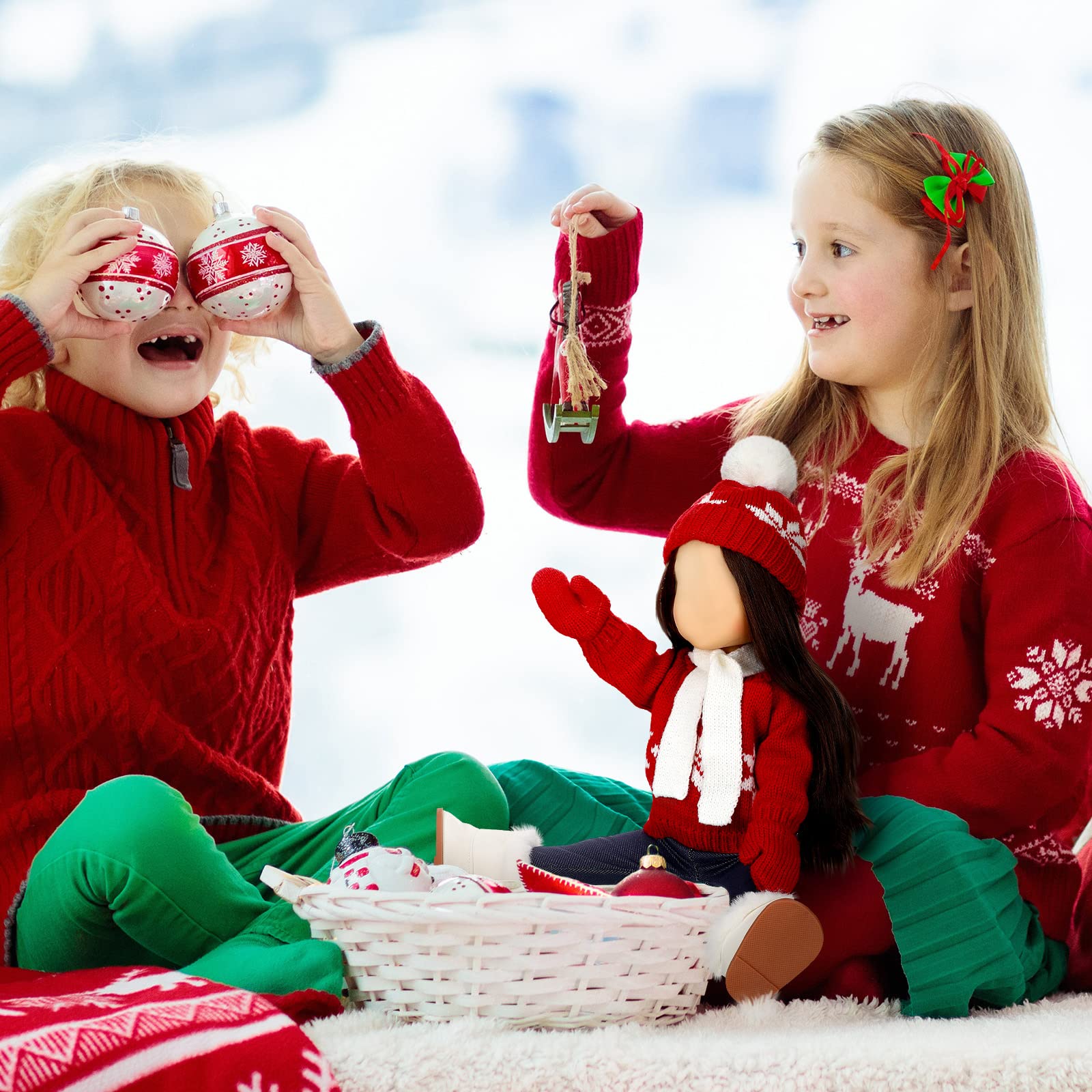 Bencailor 6 Pcs 18 Inch Christmas Doll Clothes and Accessories Winter Outfits Set Sweaters Trousers Hats Shoes Gloves for 18 Inch Doll Gifts(Red White)