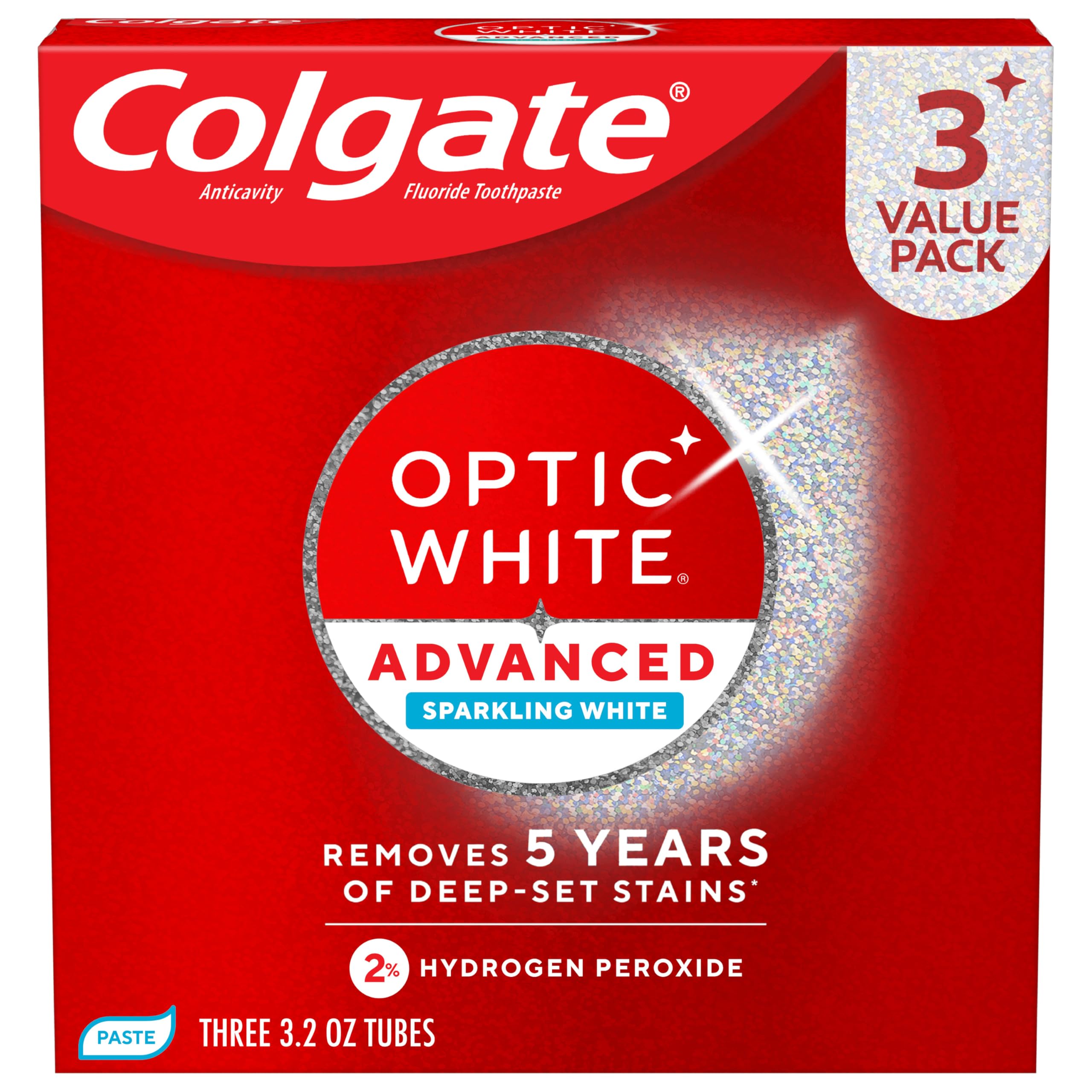 Photo 1 of *11/2027* Colgate Optic White Advanced Hydrogen Peroxide Toothpaste, Teeth Whitening Toothpaste Pack, Enamel-Safe Formula, Helps Remove Tea, Coffee, and Wine Stains, Sparkling White, 3 Pack, 3.2 oz