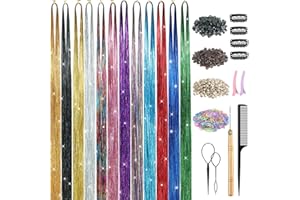 AIAIZHQH Hair Tinsel Kit 48 Inches Tinsel Hair Extensions Kit with Tools 12 Colors 2400 Strands Fairy Hair Tinsel Heat Resistant Highlights Sparkling Glitter Hair Extensions Hair Tensile Kit for Women Girls