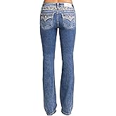 Miss Me Women's Peacock Feather Embellished Faux Flap Pockets Mid-Rise Bootcut Jeans