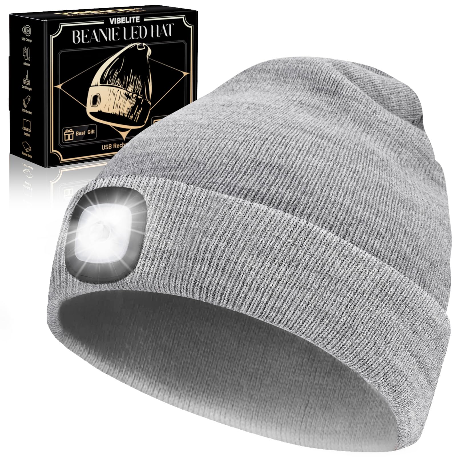 LED Beanie Hat with Light, USB Rechargeable LED Headlamp, Gifts for Men, Him, Husband, Boyfriend, Gifts for Dad, Husband, Father, Grey