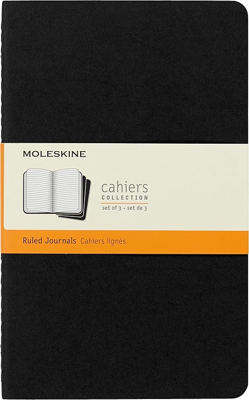 Moleskine Cahier Journal, Soft Cover, Large (5" x 8.25") Ruled/Lined, Black, 80 Pages (Set of 3)