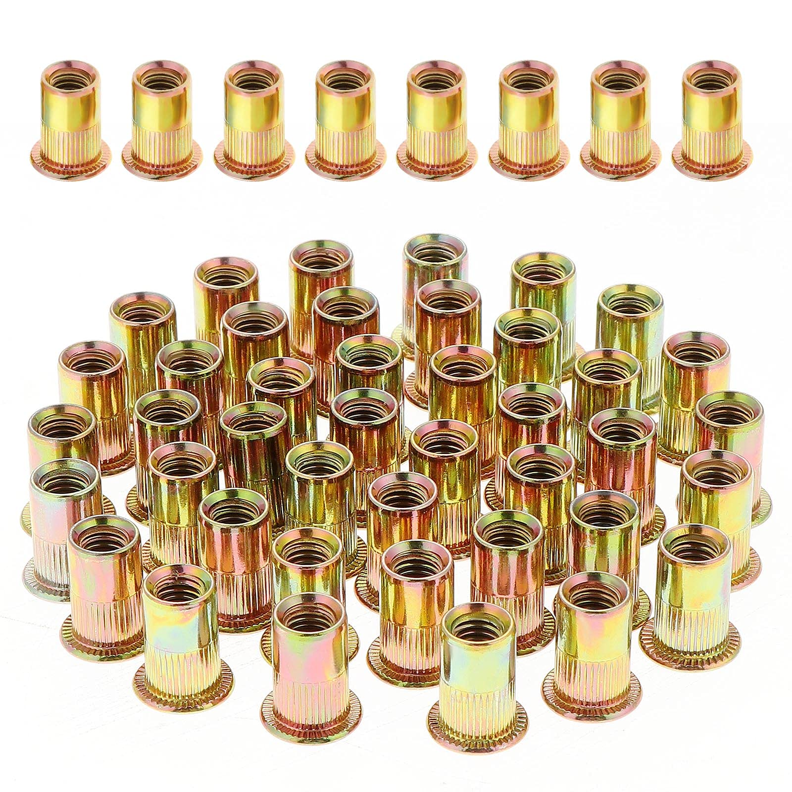 Gueenky 100PCS M10 Rivet Nuts, M10 Nutsert Zinc Plated Carbon Steel Flat Head M10 Threaded Rivets Nutsert for Wood Furniture (17mm x 21mm)