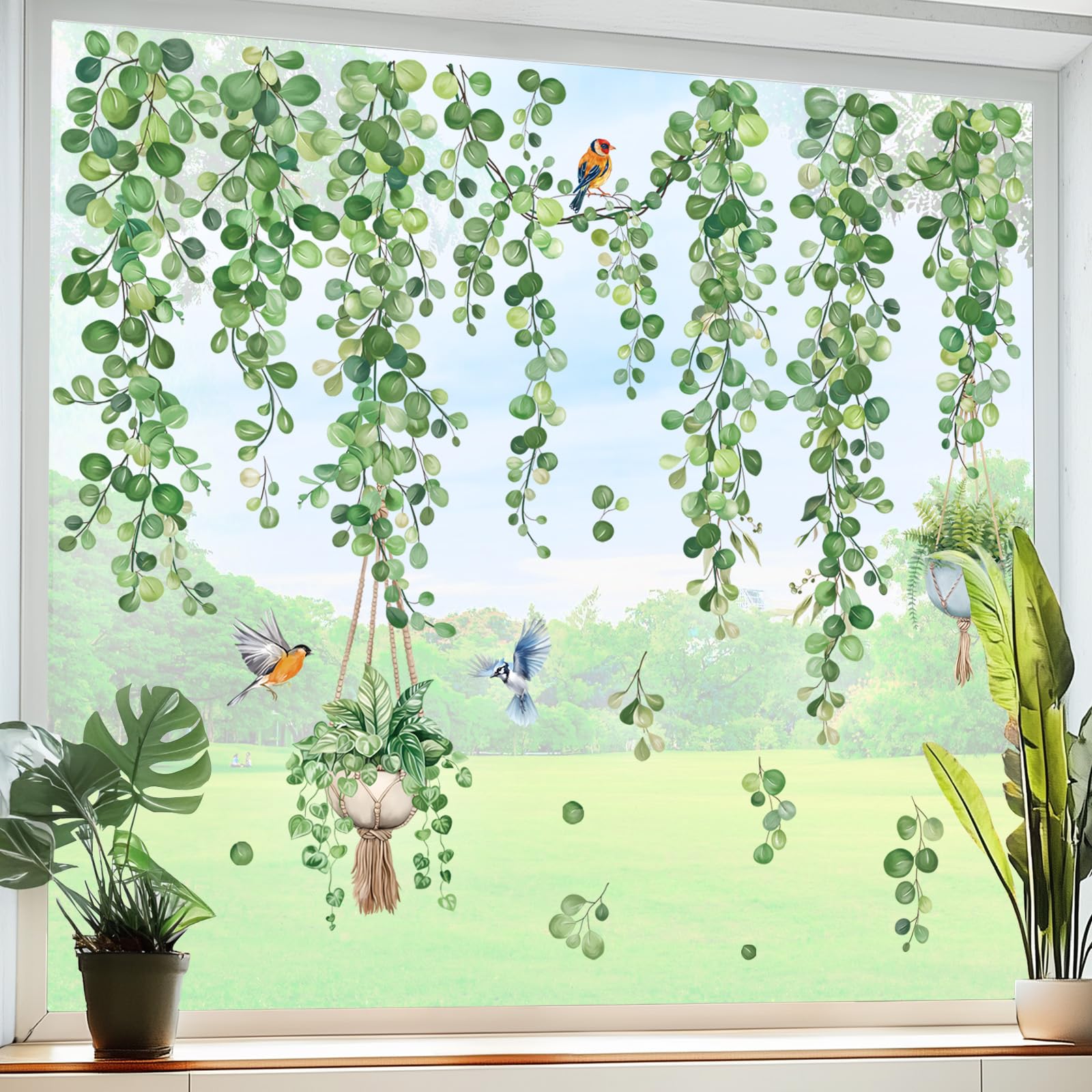 decalmile Spring Summer Hanging Vine Double Sided Window Clings Green Leaves Plants Window Decals Anti-Collision Glass Window Doors Window Stickers