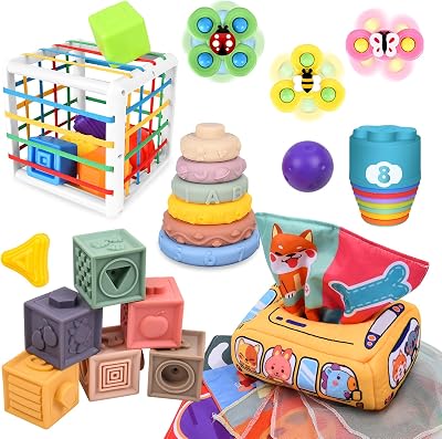 6 en 1 Juguetes Montessori para bebé, Juguetes para bebé de 6 a 12 meses, bloques de construcción apilables, caja de pañuelos, juguetes Montessori para niños pequeños de 1 2 3 años, regalo