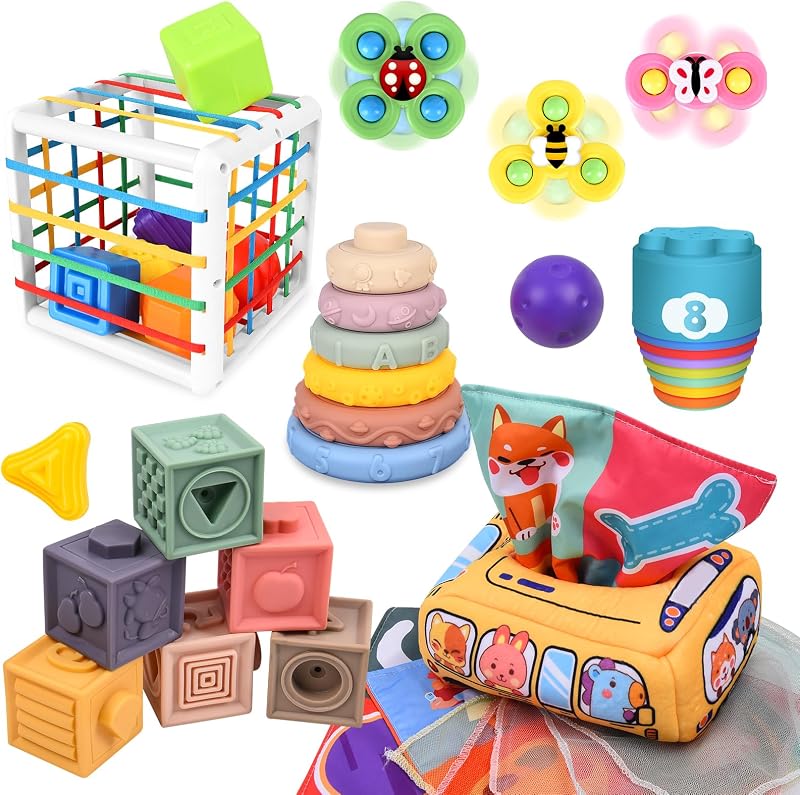 Brinquedos Montessori 6 em 1 para bebé, brinquedos para bebés dos 6 aos 12 meses, blocos de construção empilháveis, caixa de lenços, brinquedos Montessori para crianças pequenas a partir dos 12 aos 3 anos, oferta