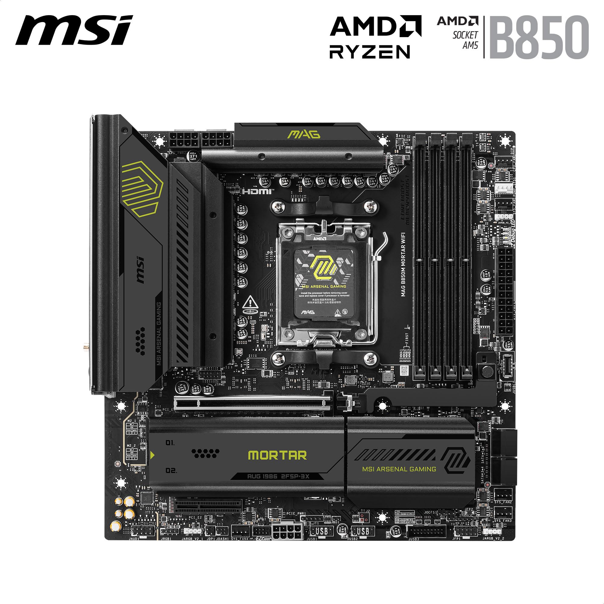 MSI MAG B850M Mortar WiFi Motherboard, mATX - Supports AMD Ryzen 9000/8000 / 7000 Processors, AM5-60A SPS VRM, DDR5 Memory Boost 8200+ MT/s (OC), PCIe 5.0 x16, M.2 Gen5, Wi-Fi 7, 5G LAN