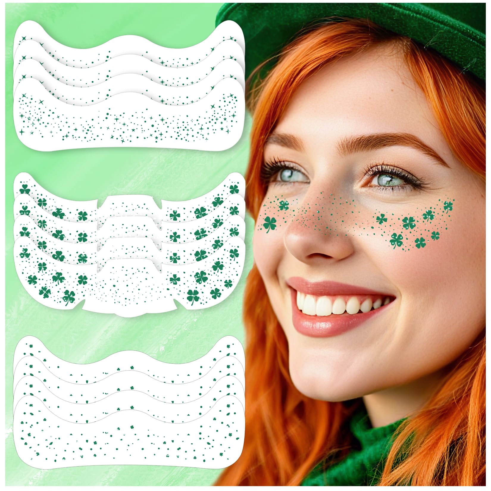 Photo 1 of 12 Sheets St Patricks Day Face Tattoos Stickers Glitter Green Shamrock Freckles Temporary Tattoo for Body Saint Patrick Day Clover Face Sparkle Makeup Accessories for Women Irish Party(face12)