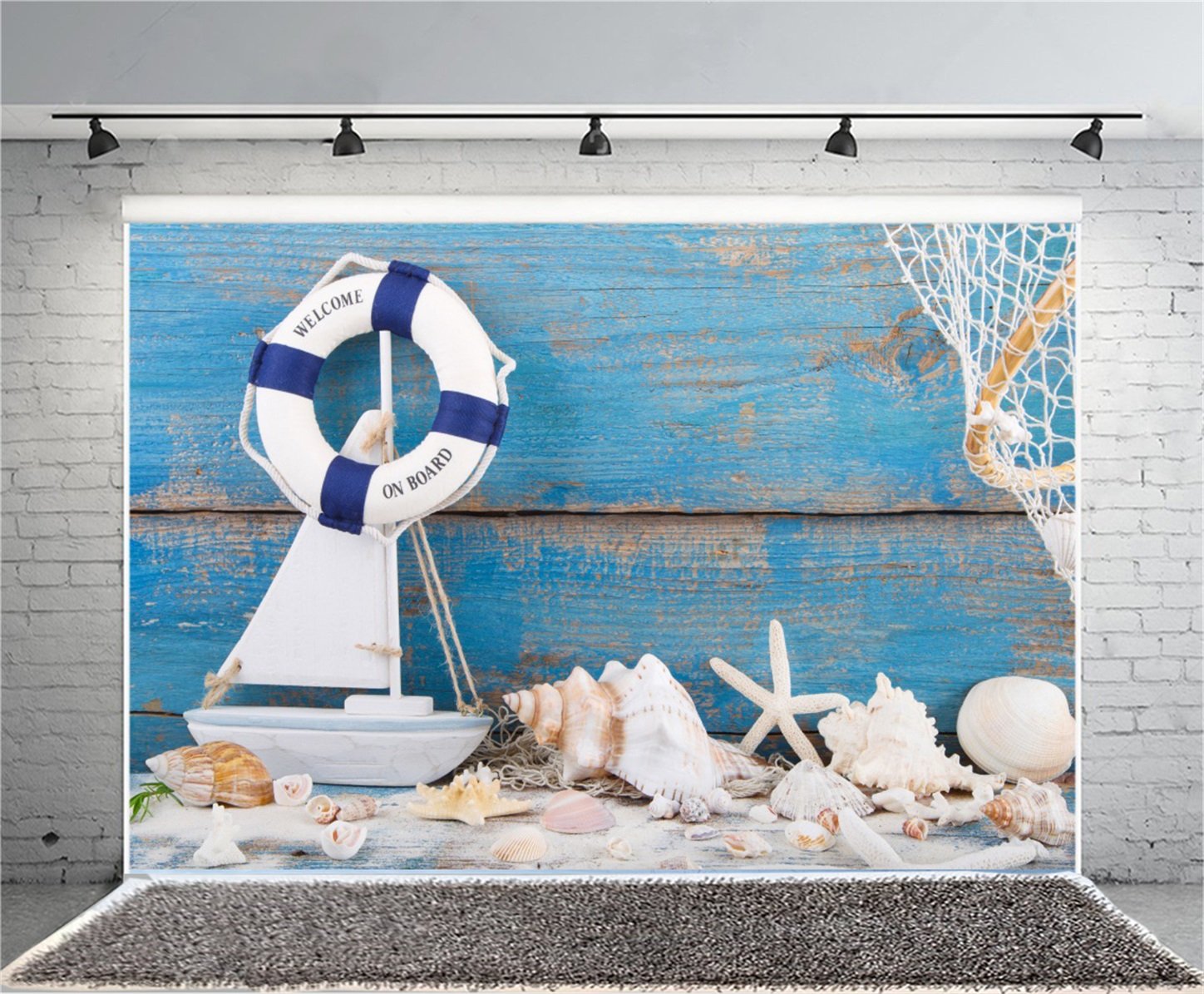 Photo 1 of AOFOTO 7x5ft Nautical Backdrop Baby Shower Lifebuoy on Old Blue Wooden Photo Background Marine Style Life Ring Boat Starfish Conch Shells Kid Baby Infant Boy Art Portrait Photoshoot Studio Props Vinyl