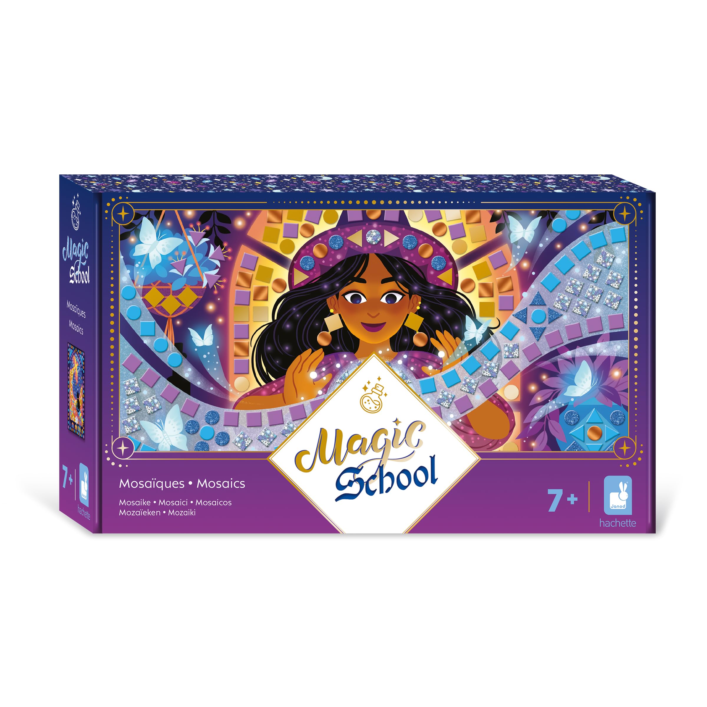 Janod - Foam Mosaic Box - Witches and Wizards Theme - Magic School - 3 Paintings - Children's Creative Leisure Kit - Learning Fine Motor Skills and Concentration - From 7 years old - J09150