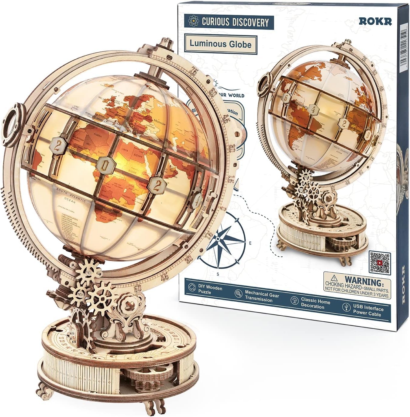 ROKR 3D Puzzle Holz Erwachsene, Holzpuzzle Modell Leuchtglobus Modellbau Bastelset Erwachsene mit LED Licht Weltkugel Bausatz Drehbar Luminous Globe Holzbausatz als Deko, Geschenk (180 Teilen) 8