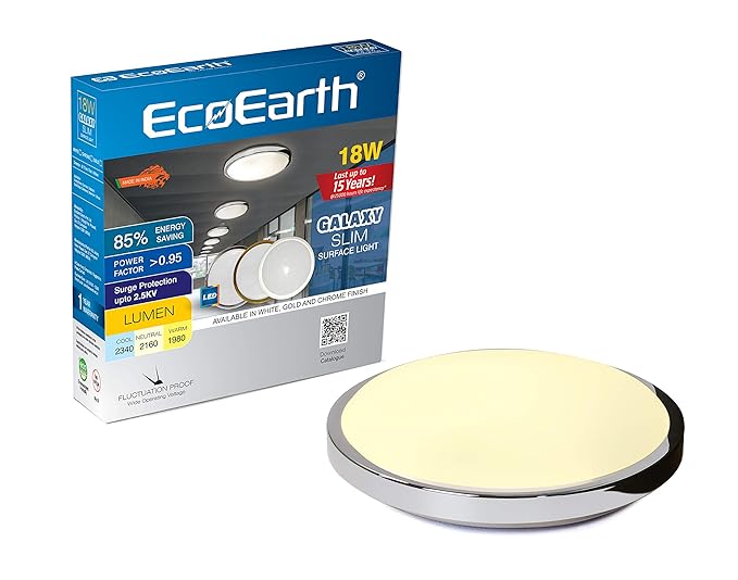 EcoEarth Galaxy Slim Surface Light 18 Watt - Round (Body Color-Chrome) Warm White 3000K - Pack of 1