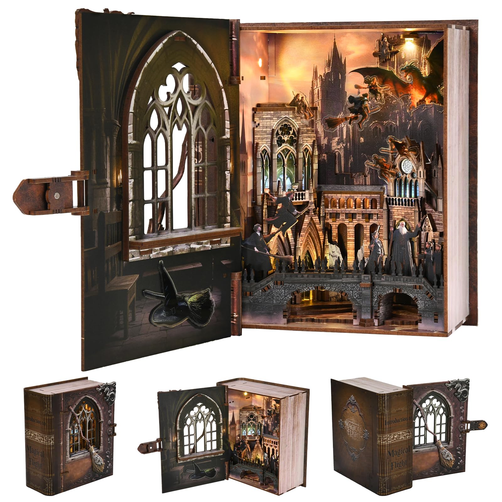 CCCDF Book Nook Kit, DIY Miniature Dollhouse Magic Book for Adults and Teens, 3D Wooden Puzzle Bookends with Sensor Led Light, Gifts for Family, Friends (Introduction to Magical Flight) Image