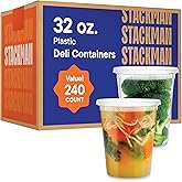 [240 Sets - 32 oz.] Clear Plastic Deli Food Storage Containers with Airtight Lids - Soup Containers - Bulk Pack - 240/Case - Stack Man Brand