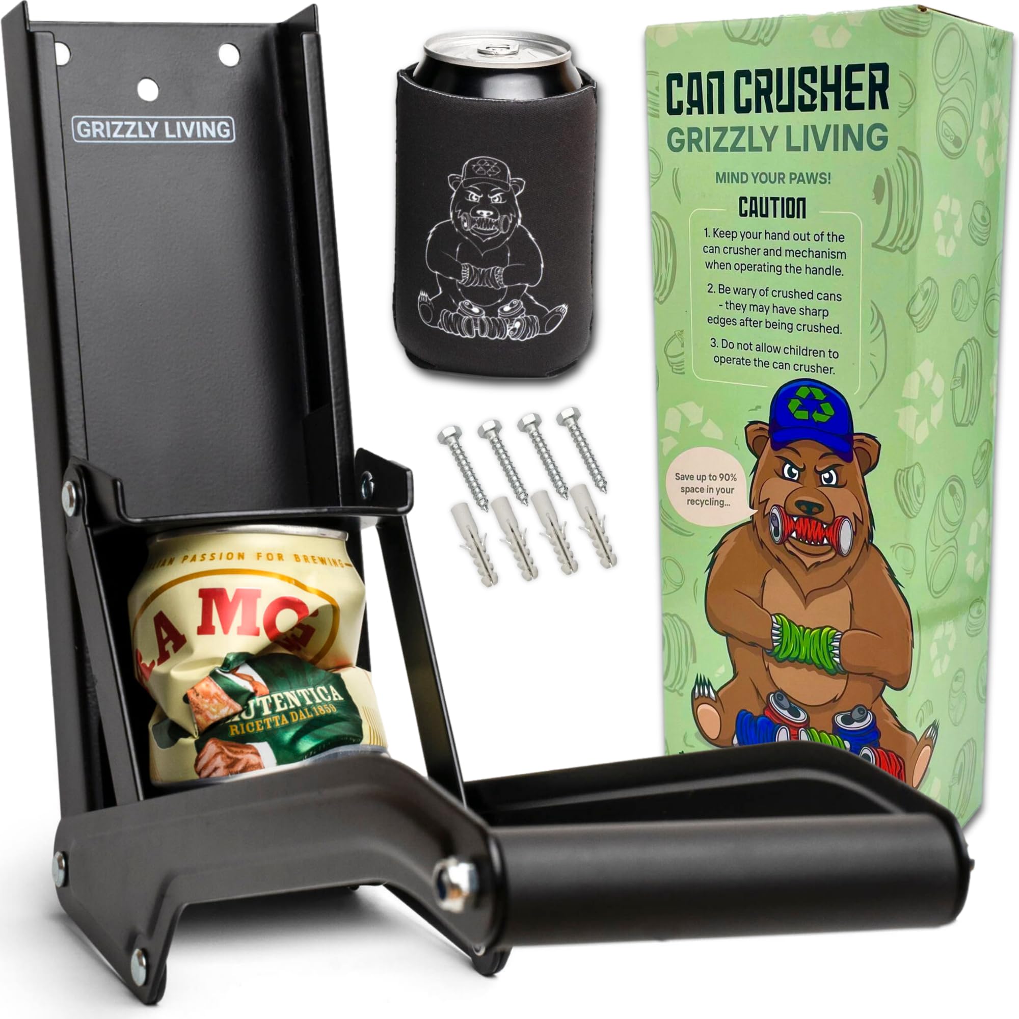 Can Crusher for Recycling by Grzzly Living | Heavy Duty Can Crusher Wall Mounted 500ml or 16oz Cans | Wall mounted Can Smasher for Recycling Beer or Soft Drinks Cans