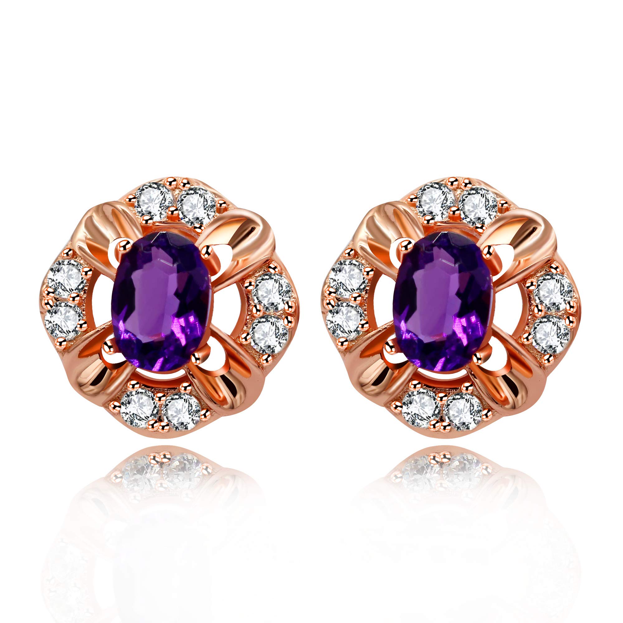 Uloveido Women's Natural Amethyst Stud Earrings Rose Gold Plated 925 Sterling Silver Oval Cut Purple Crystal Gemstone February Birthstone Earrings Gift for Women Girls Mother FR044