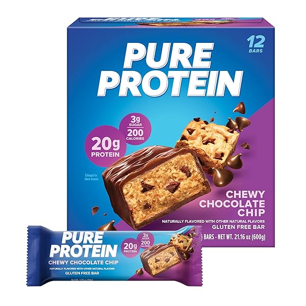 PURE PROTEIN CHEWY CHOCOLATE CHIP PROTEIN BARS – 20G PROTEIN, 3G SUGAR, 190 CALORIES (12 COUNT) LOW SUGAR* HIGH PROTEIN SNACK – GLUTEN FREE – PERFECT FOR A HEALTHY SNACK