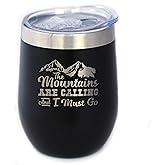 Mountains Are Calling - Wine Tumbler Glass with Sliding Lid - Stemless Stainless Steel Insulated Cup - Outdoor Hiking & Camping Gift - Black
