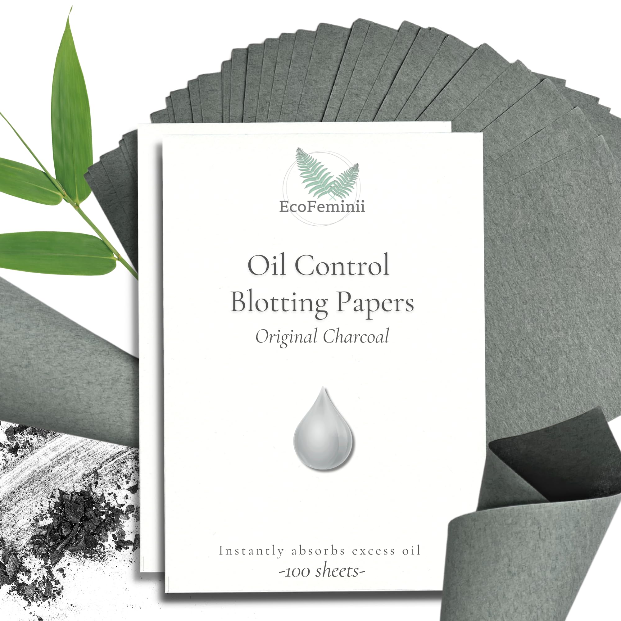 EcoFeminii Charcoal Oil Blotting Papers Medium Double Pack (200 Sheets) - Max Absorbency Sheets for Face & T-Zone, Instant Matte Shine Control - 6cm x 9cm (Pack of 2)
