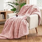 PTQ Waffle Heated Throw Blanket 50"x60" – Pink Blush Electric Blanket with 6 Heat Levels & 4 Timer Settings, Ultra-Soft Faux Fur & Sherpa, ETL Certified, Machine Washable, Ideal Gift for Women