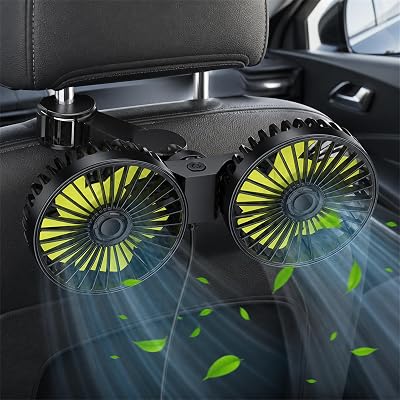 Z0BMIO Ventilatore per auto per sedile posteriore, 12 V, doppia testa, poggiatesta, ventilatore compatto da 12 V, con raffreddamento potente e silenzioso, ventilatore USB girevole a 360°, silenzioso