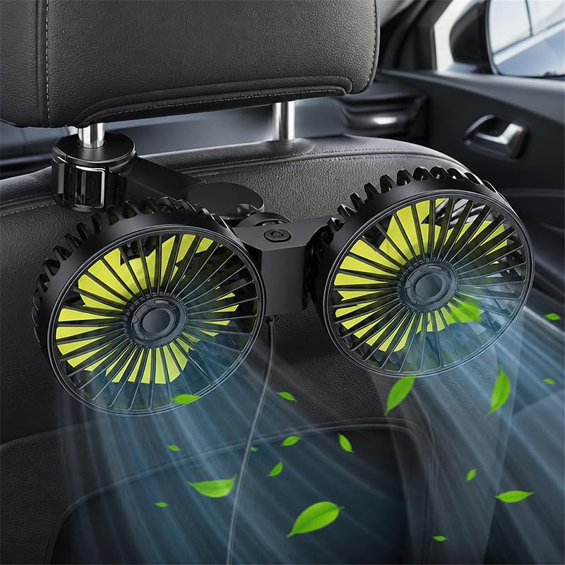 Z0BMIO Ventilatore per auto per sedile posteriore, 12 V, doppia testa, poggiatesta, ventilatore compatto da 12 V, con raffreddamento potente e silenzioso, ventilatore USB girevole a 360°, silenzioso