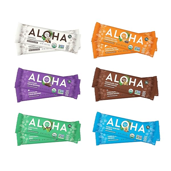 ALOHA ORGANIC PLANT BASED PROTEIN BARS – 6 FLAVOR VARIETY PACK – 12 COUNT, 1.9OZ BARS – VEGAN SNACKS, LOW SUGAR, GLUTEN-FREE, LOW CARB, PALEO, NON-GMO, STEVIA-FREE, NO SUGAR ALCOHOL SWEETENERS