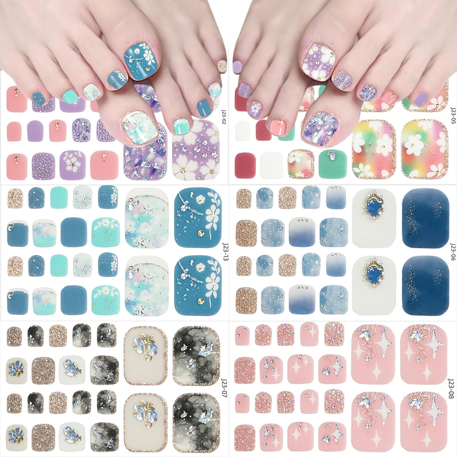 Photo 1 of 6 Sheets Semi Cured Gel Nail Strips Glitter Gel Nail Strips Polish Wraps Supplies Self Adhesive Spring Gel Nails Sticker Full Nail Wraps Colorful Flower Designs for Women Acrylic Manicure Tips