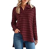 MASCOMODA Womens Sweaters Fall 2025 Oversized Striped Sweater Long Sleeve Polo V Neck Loose Side Slit Knitted Tunic Tops
