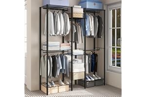 FLEXIMOUNTS Heavy Duty Clothes Rack with Five Hanger Rods, Freestanding Metal Wardrobe Storage Rack with Adjustable 8 Tiers Wire Shelving & Two Anti-tip Devices, Max Load 1210LBS, Black