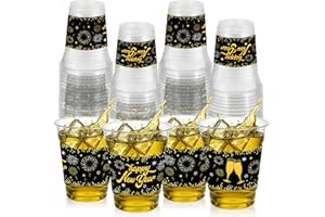ABURRORI 50 Pcs 12OZ Happy New Year Plastic Cups，New Year's Eve Party Decorations Cups Clear Golden Black Printing Plastic Cup Juice Soda Beverage Party Favors For Holiday Decorations Supplies